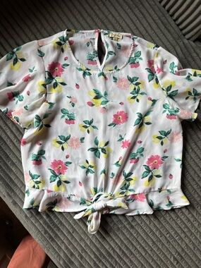 Lily White Floral Tie-Front Blouse in White with Pink & Yellow Flowers